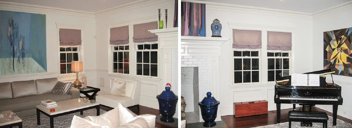 Water Mill family room. Gray linen roman shades with bottom white borders.