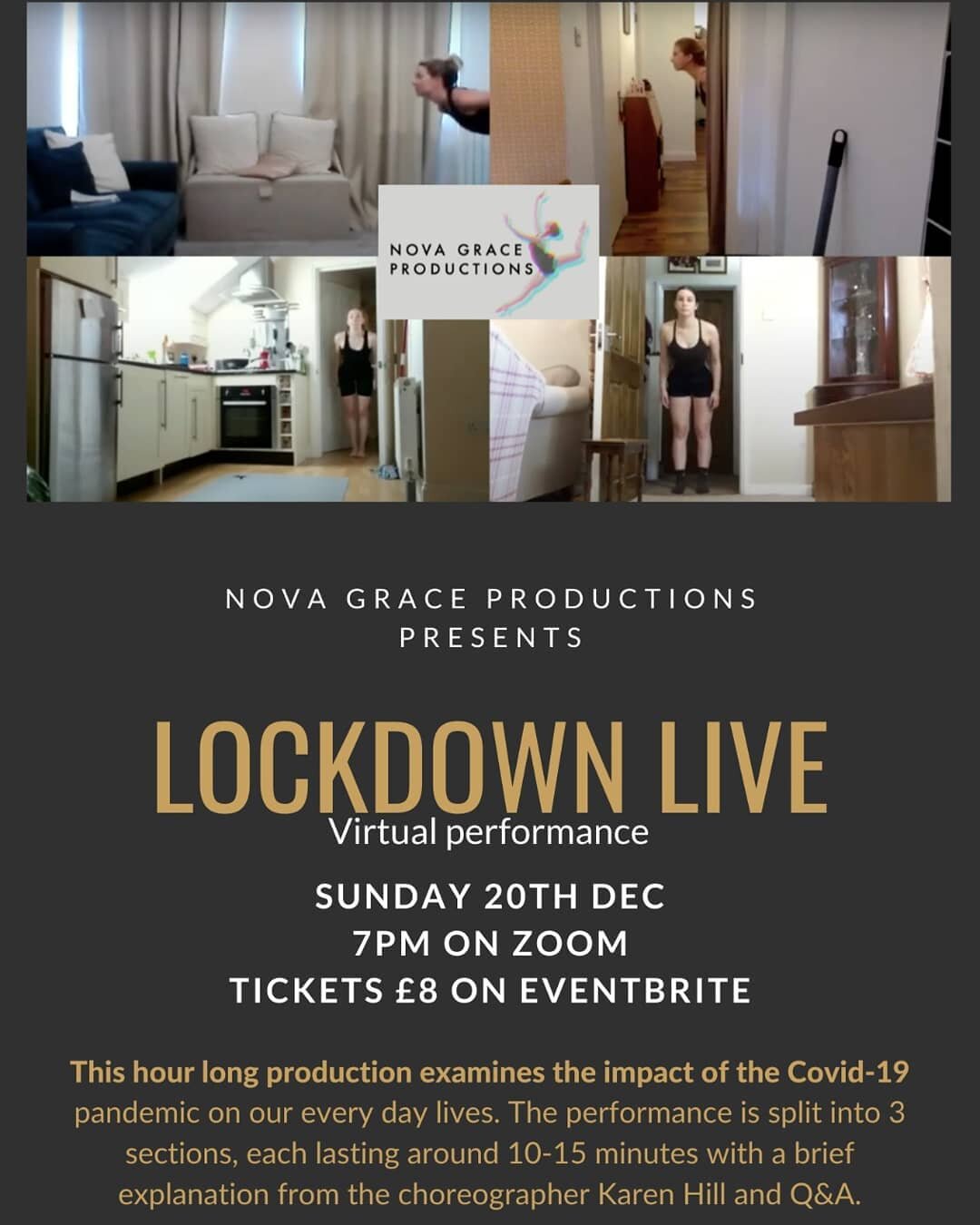 ** Live online performance **

Sun 20th Dec @ 7pm

Tickets: eventbrite/lockdownlive

#live #liveperformance #livedance #savethearts #onlineperformance #lockdownlive #zoom

In support of Kerry West Orphanage Project and artists of Nova Grace Productio