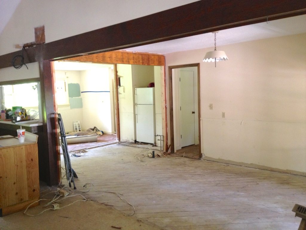Kitchen and dining room walls have been removed.