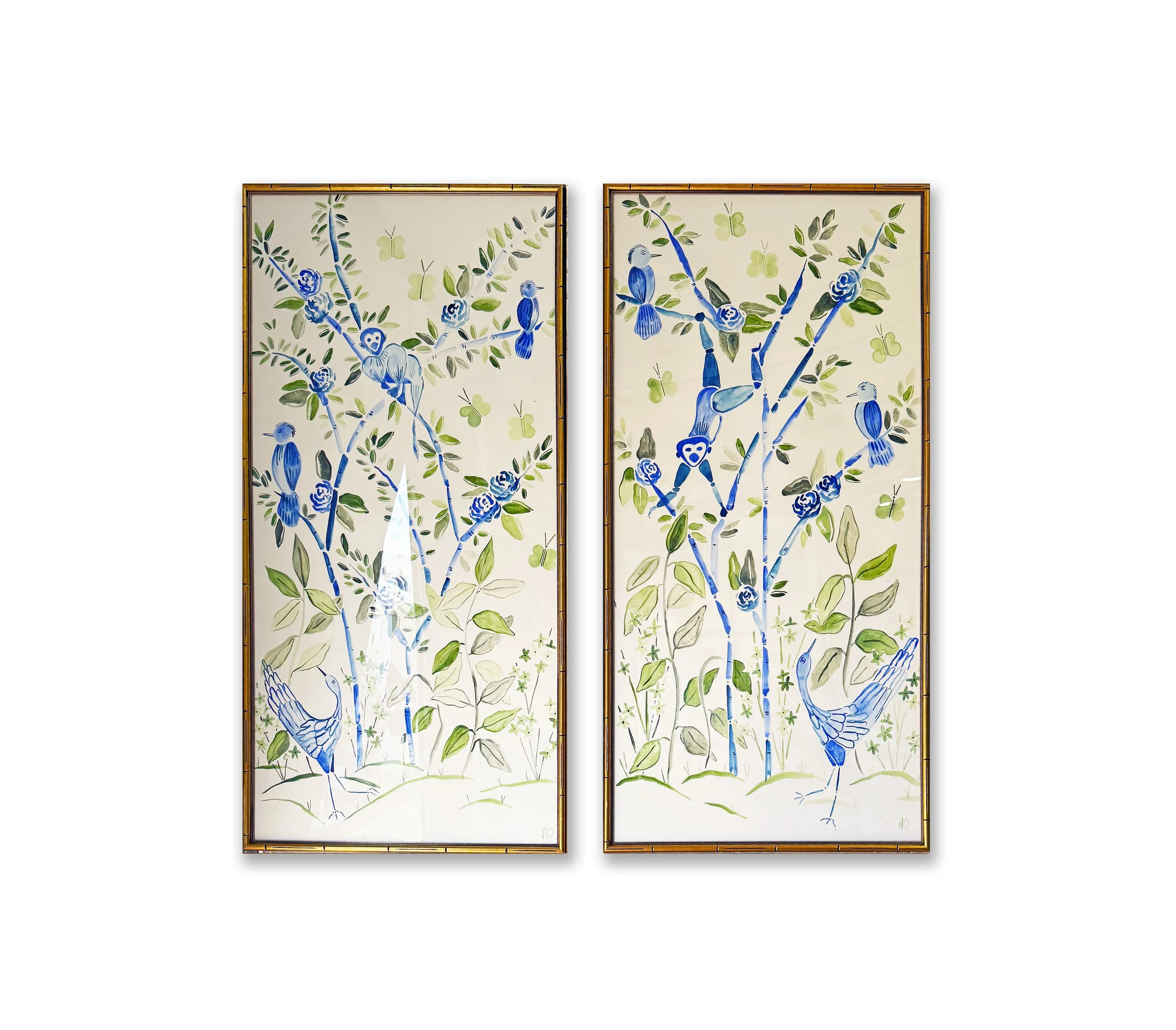 Pair of Modern Chinoiserie Panels X [24" X 48" Each, Watercolor on Paper, Framed]