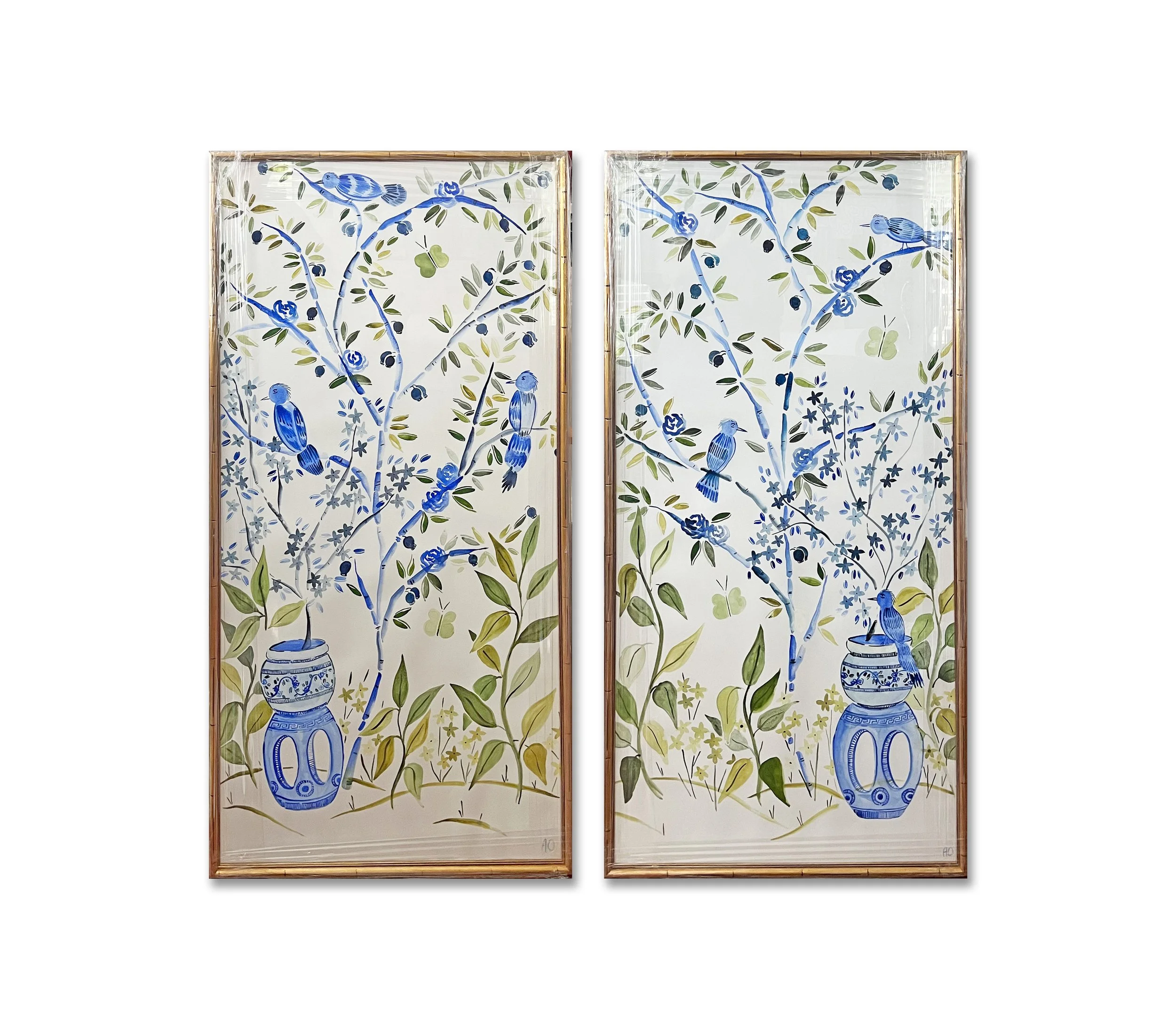 Pair of Modern Chinoiserie Panels X [24" X 48" Each, Watercolor on Paper, Framed]