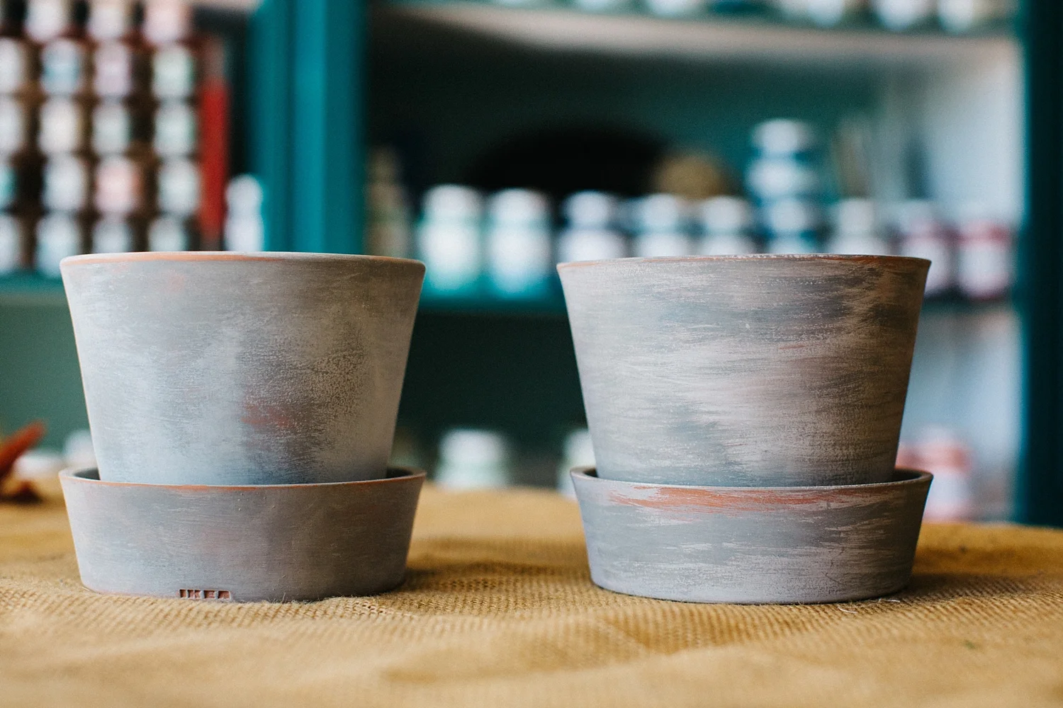 Chris and Jill's Miss Mustard Seed Milk Painted IKEA INGEFARA Plant pots with saucer once they are dry.