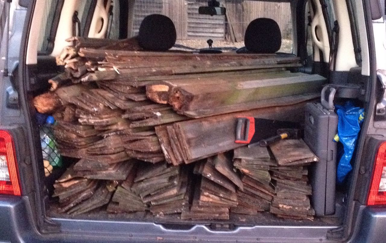 It is amazing how much wood you can harvest from a fence in a couple of hours and also pack into a car. The saw was rescued from a skip too. All with permission!