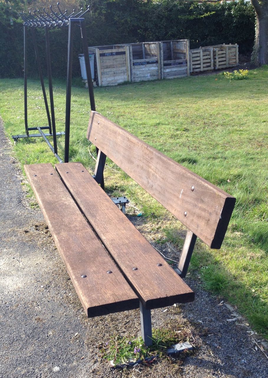 Two new slow-rot bins next to the compost bins - restored bench and hatstands too