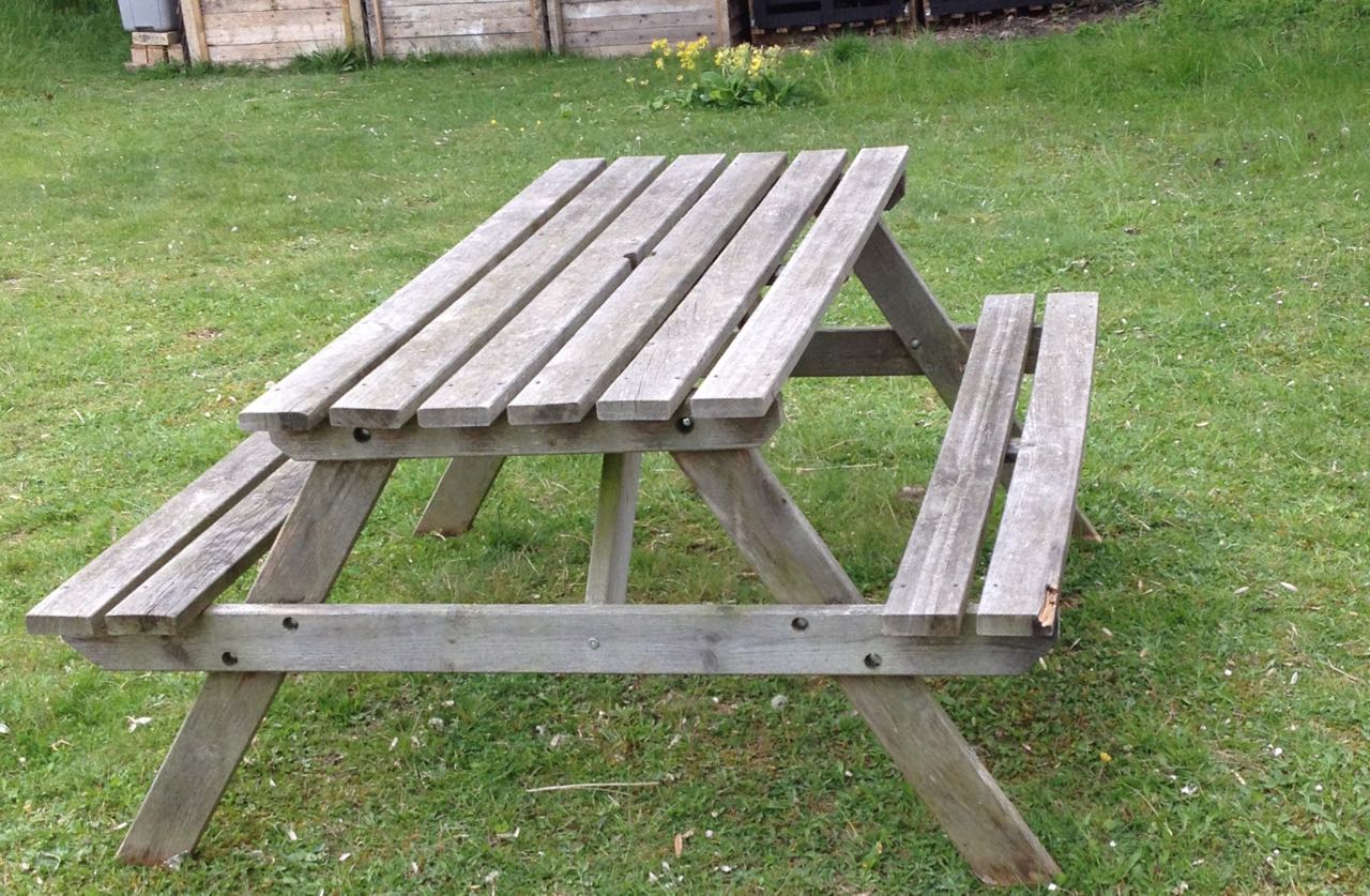 We hope this will be a good place for visiting people sharing a sandwich at lunchtimes when the club hut isn't open. We have moved it under the shade of the trees but it is quite light to carry into the sun - if you are a bit of a 'lizard' (I think they like to bask in the sun?).