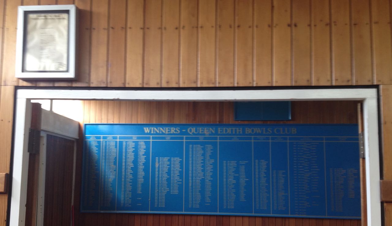 June 2015. Winners' board inside the Bowls Pavilion.