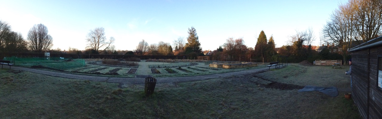 Around 8am, frost on the ground and a frozen pond.