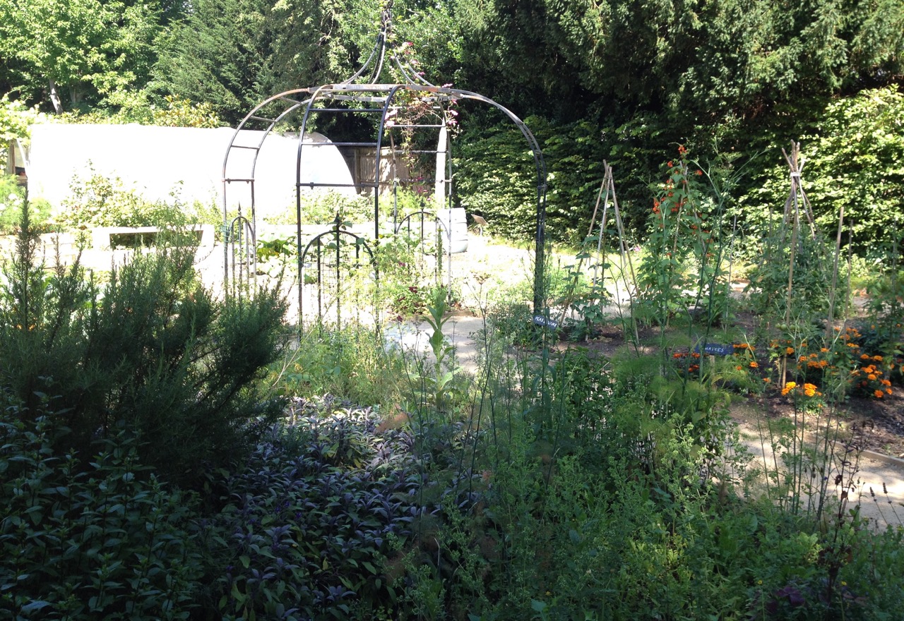 Looking across the permanent herb garden - beds for planting are marked with low edging with bark (on weed-suppressant membrane) or paved paths between.