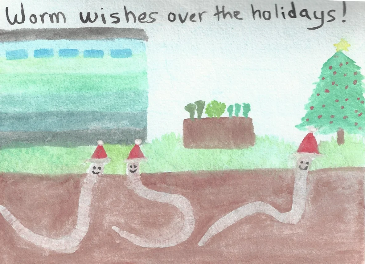 One (or more) of our volunteers painted this lovely card - with our ombre shed, growing veg and, of course some happy worms.