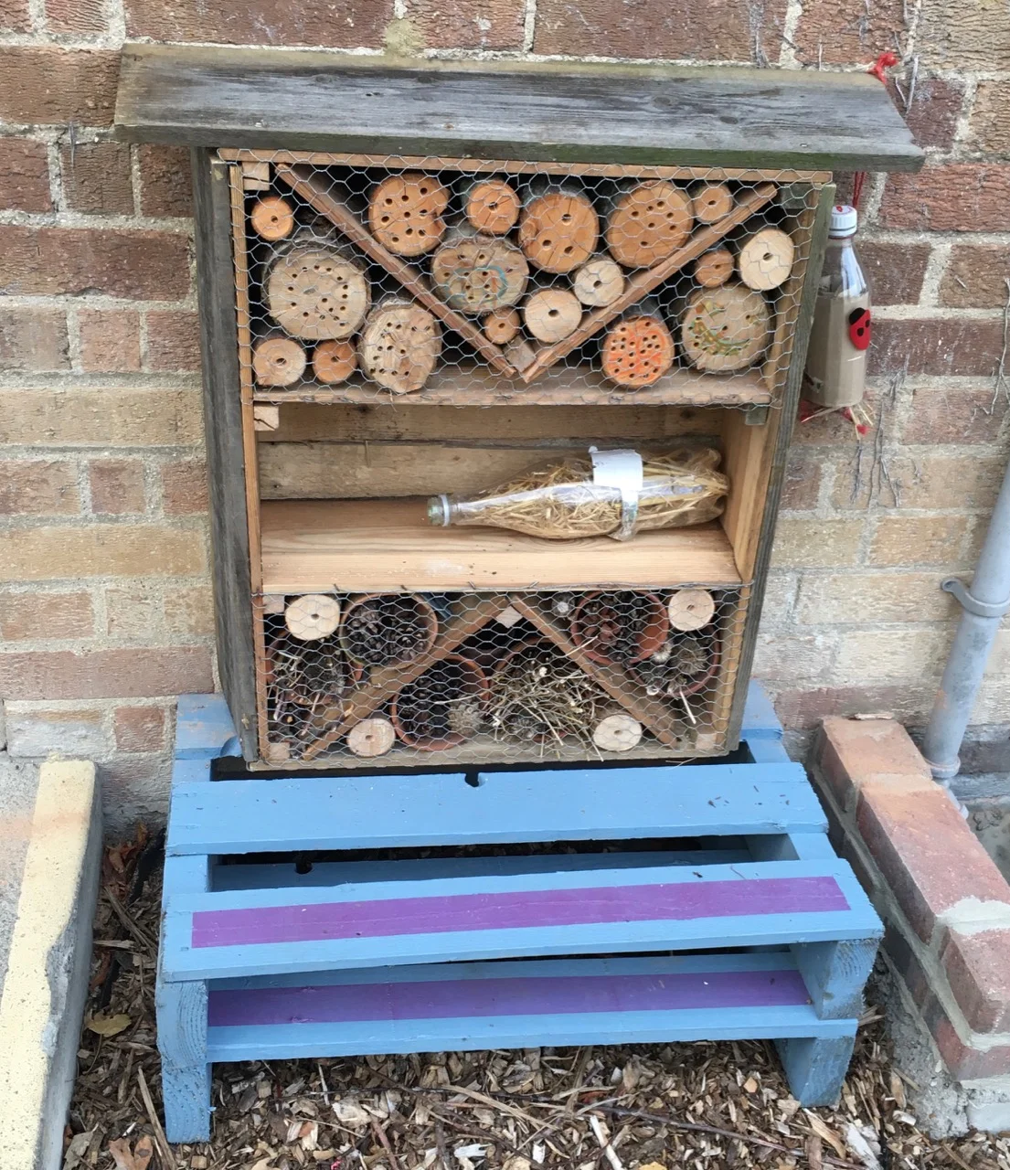 October 2018: mini bug hotel made from waste materials by parent volunteers and some school students. It was made at Nightingale community garden.