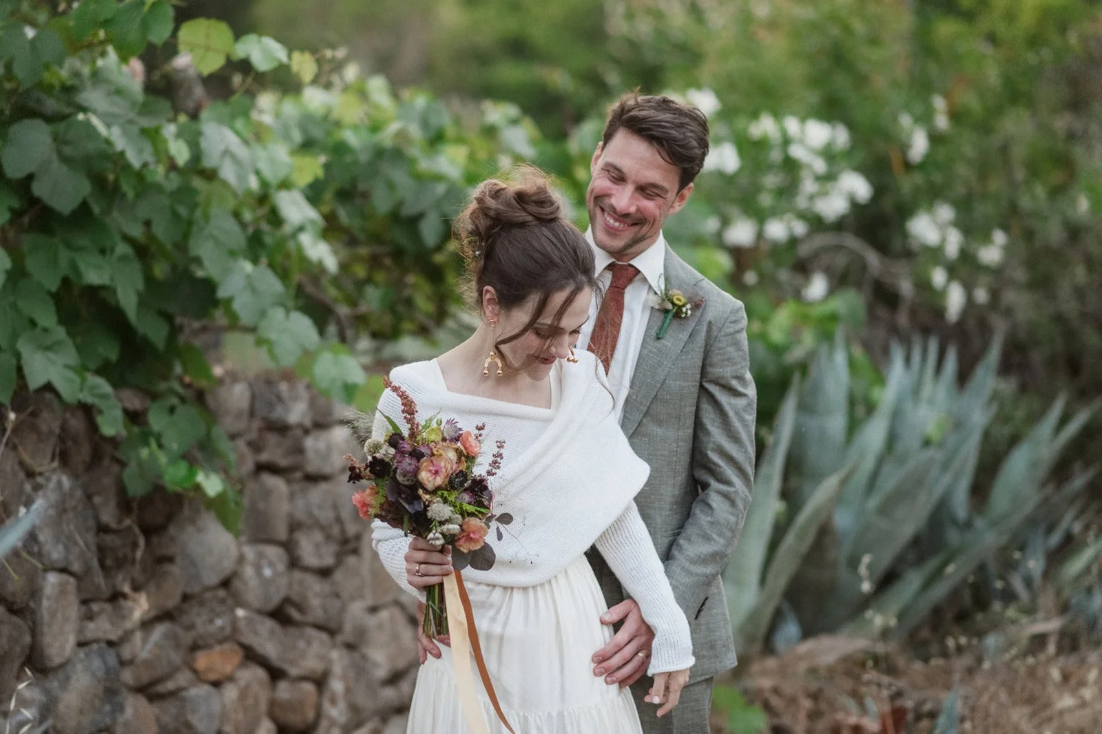 Soft glam bride and groom sharing a romantic moment at a Sonoma wedding with natural bridal beauty by ShineForth.