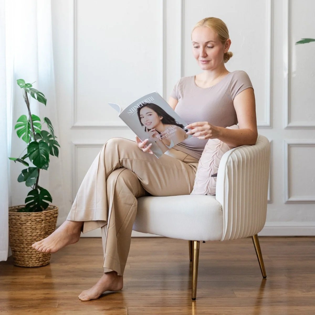 Bride reading The ShineForth Radiant Skin Prep Guide