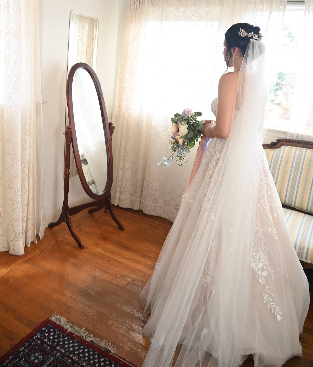 Bridal Hair with Veil and Hair Accessory, Back View