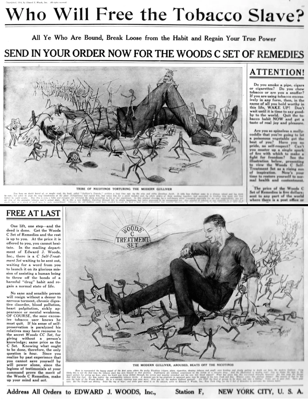 Early ad for tobacco addiction treatment. Included in ad is "Are you so spineless a molly coddle that you’re going to let a poisonous vegetable get the best of you?" Obtained from: https://commons.wikimedia.org/wiki/File:Ad_for_Tobacco_Addiction_Cure_(FDA_203)_(8226844575).jpg