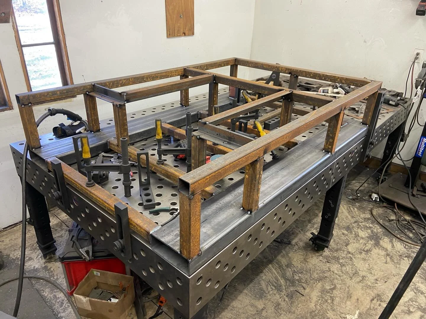 After around 2.5 years since buying the steel material I finally made some progress on a welding skid for my back up rig. Everything tacked and test fitted. Now to test fit the welder, toolboxes and finish the design. This will be hot dipped colored 