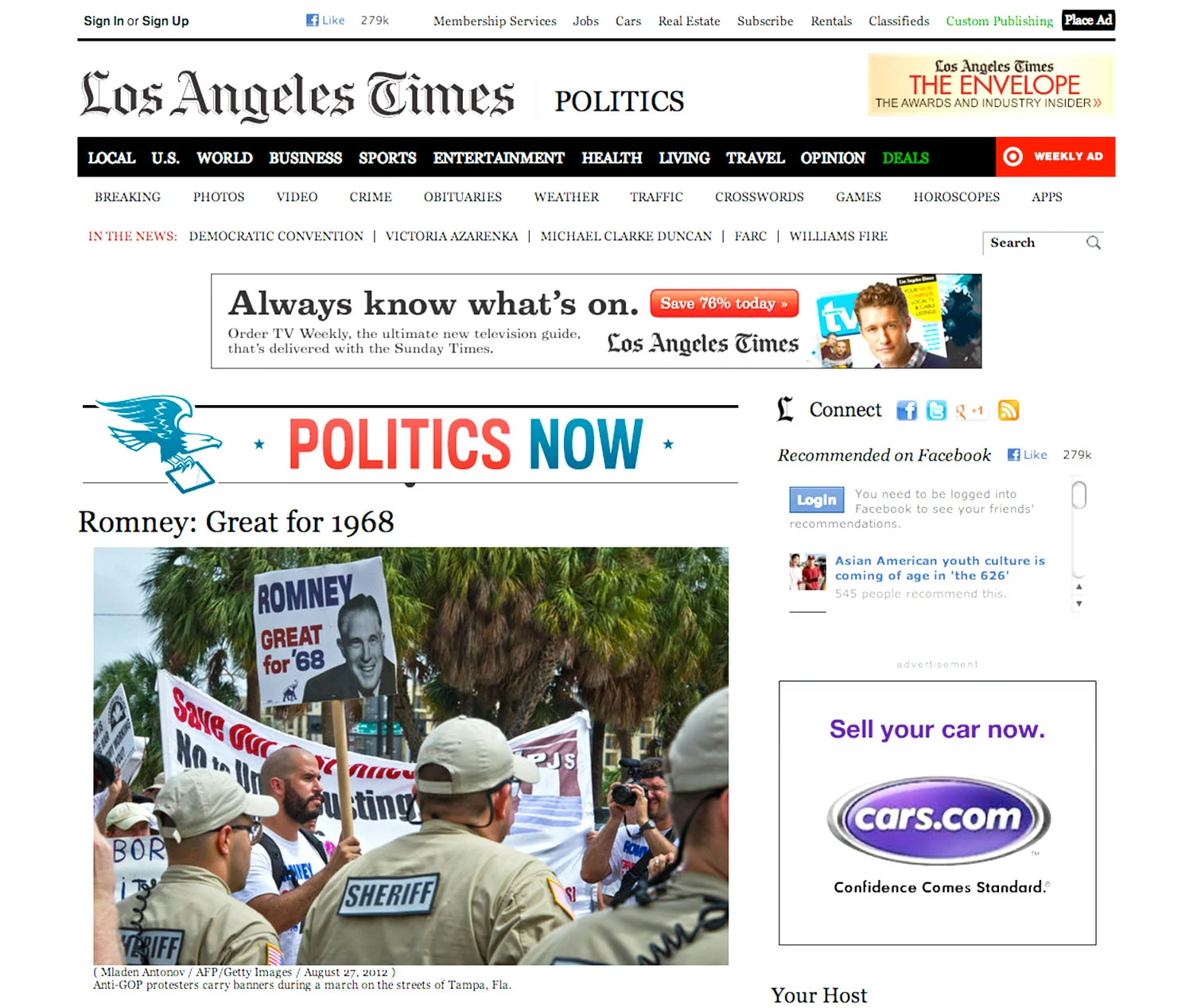 Rec-elections (Romney Great for 68', RNC) (Los Angeles Times website screenshot) site-specific performance (Tampa, FL), protest signs, silk screened t-shirts, photographic documentation 2012
