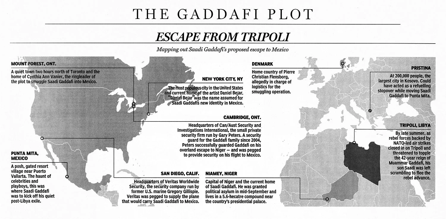 Operation Guest (The Gaddafi Plot) (detail) offset print on newsprint 28" x 15" 2014 In December 2011 I learned from a Google Alert that the Mexican Government had disrupted a plot they dubbed "Operation Guest" to smuggle Saadi Gaddafi, the son of the late Col. Muammar Gaddafi, from Niger, Africa to La Cruz de Huanacaxtle, MX under the assumed name Daniel Bejar Hanan. Investigators also discovered false passports and birth certificates with the surname Bejar for Saadi, his wife, and two children. Saadi was to assume the name Daniel Bejar Hanan; coincidentally my name is Daniel Bejar, and we also share a similar likeness. Utilizing this bizarre coincidence as a unique opportunity to continue my research into questions of identity, authorship, and geopolitics, I traveled to La Cruz de Huanacaxtle, MX to realize this story through documented site-specific performances in the safe houses, beaches and restaurants Saadi was to spend the rest of his days in. Project Website http://operationguest.com/