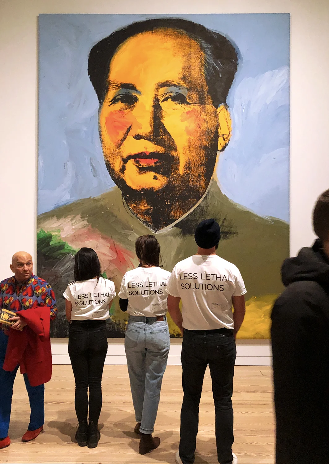 Less Lethal Solutions site-specific interventions at Whitney Museum of American Art, NY, silkscreened T-shirts, documentation Dimensions variable. 2018