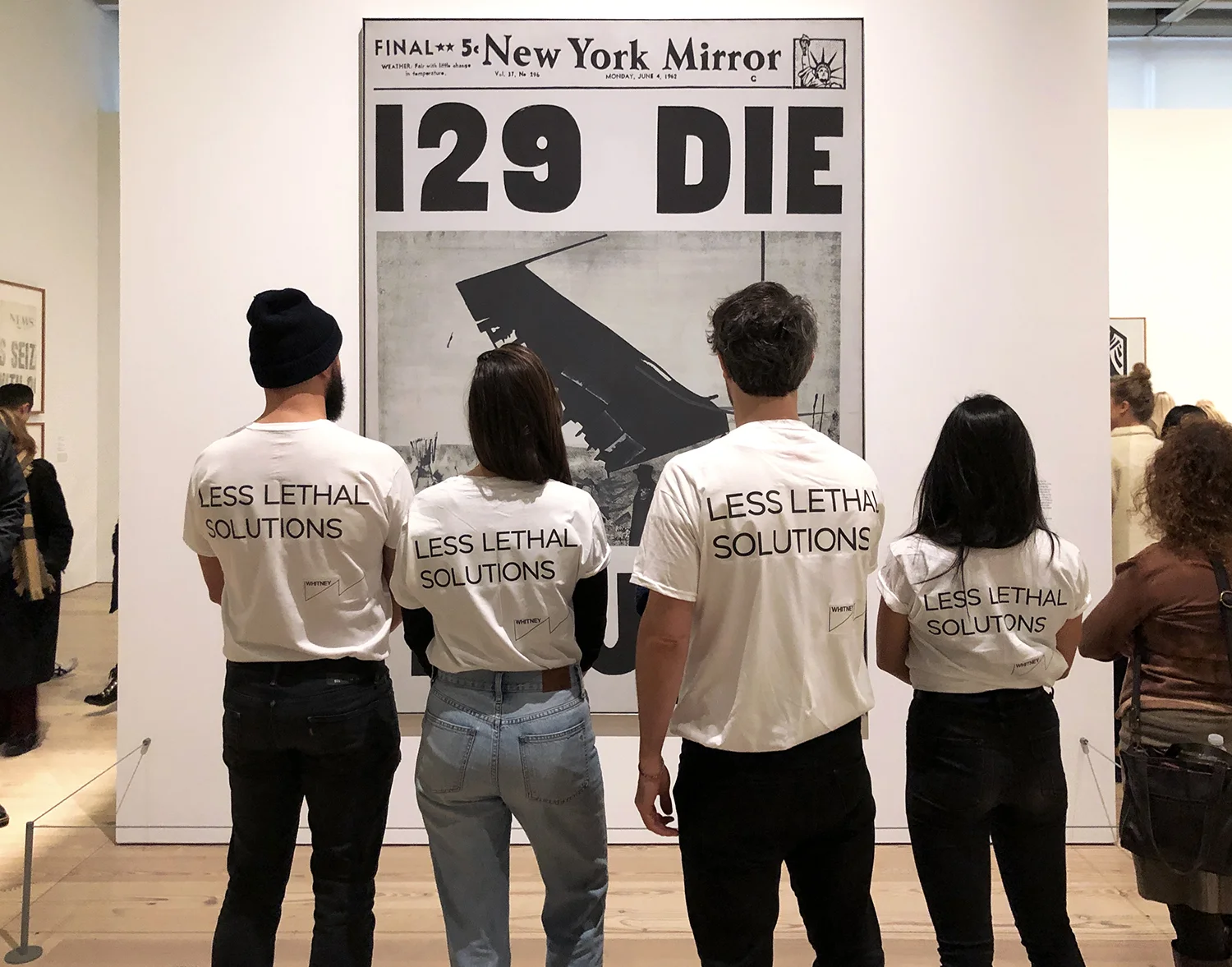 Less Lethal Solutions site-specific interventions at Whitney Museum of American Art, NY, silkscreened T-shirts, documentation Dimensions variable. 2018