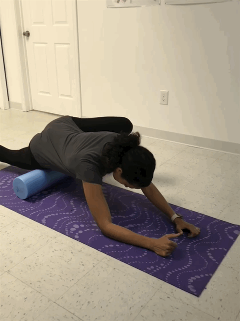place the foam roller on the floor then facing down, place your quadriceps on it. the other leg is on your side, helping to guide and stabilize you. roll up and down to massage the muscle fibers length-wise. roll for 3-5min.