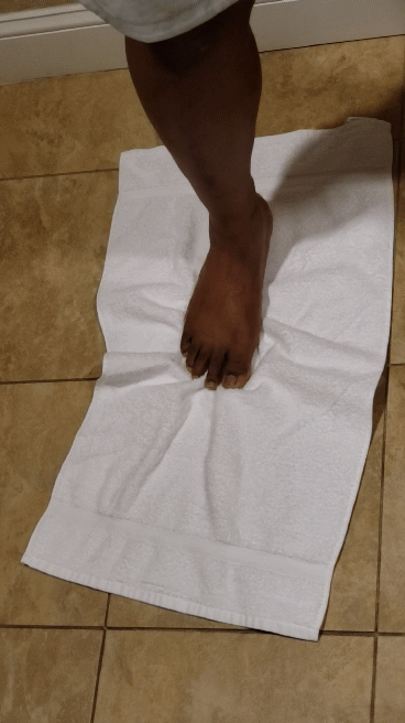 2. Towel scrunch with heel lift:Place towel onto a smooth surface, such as tile or wooden floors; place foot onto towel. Actively begin to scrunch the big toe balling towel under toes. At the same time lift the heel off the towel ( Heel and big toe …