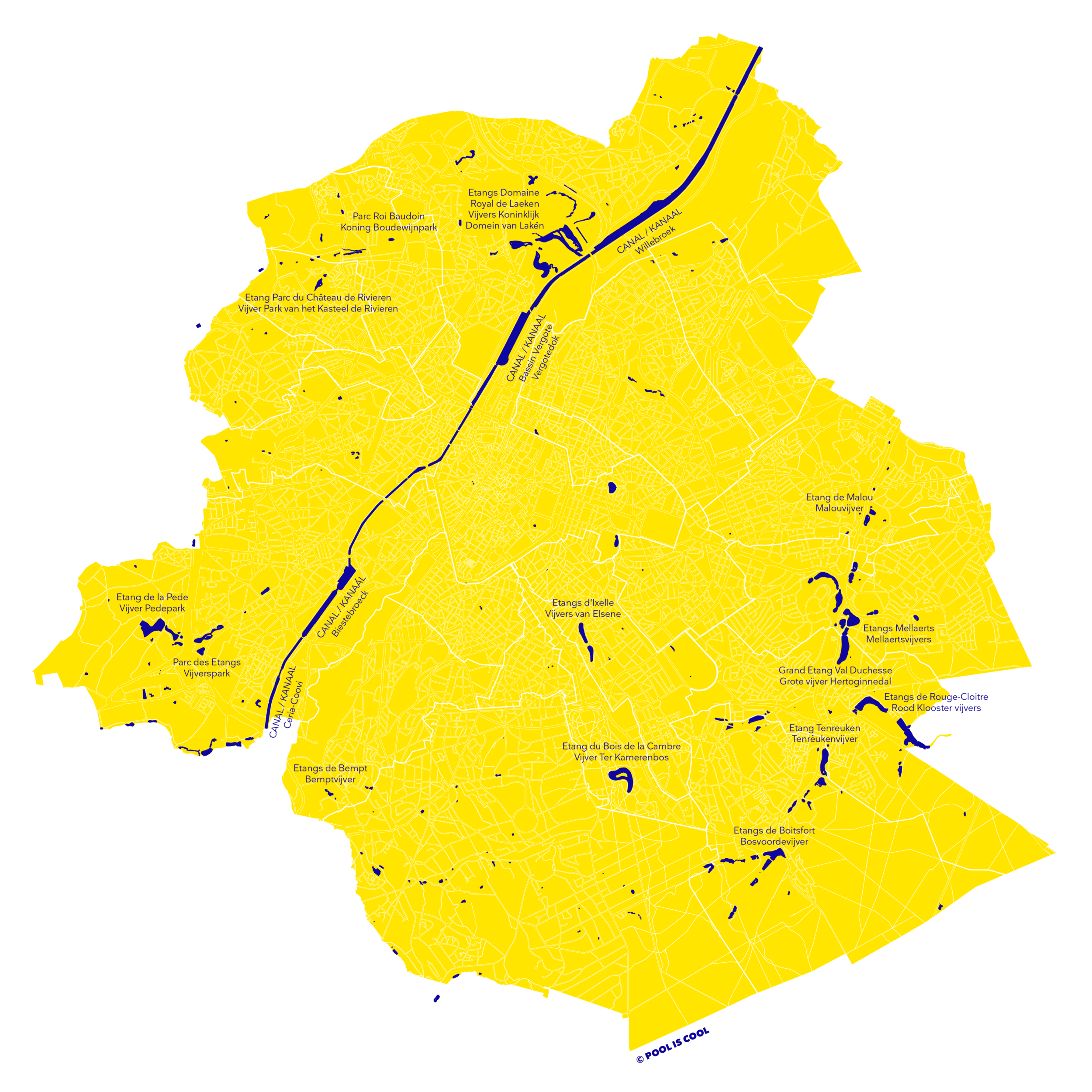 Possible swimming places in Brussels / Lieux de baignade possibles à Bruxelles / Mogelijke zwemplaatsen in Brussel.