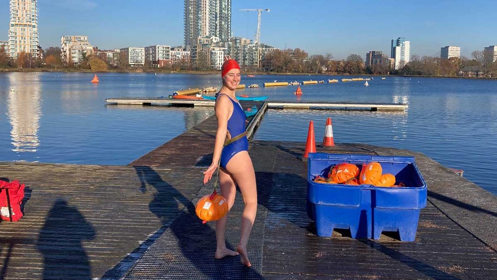  Sofie, our cold water pioneer, joined the West Reservoir swimmers. Ready, steady … 