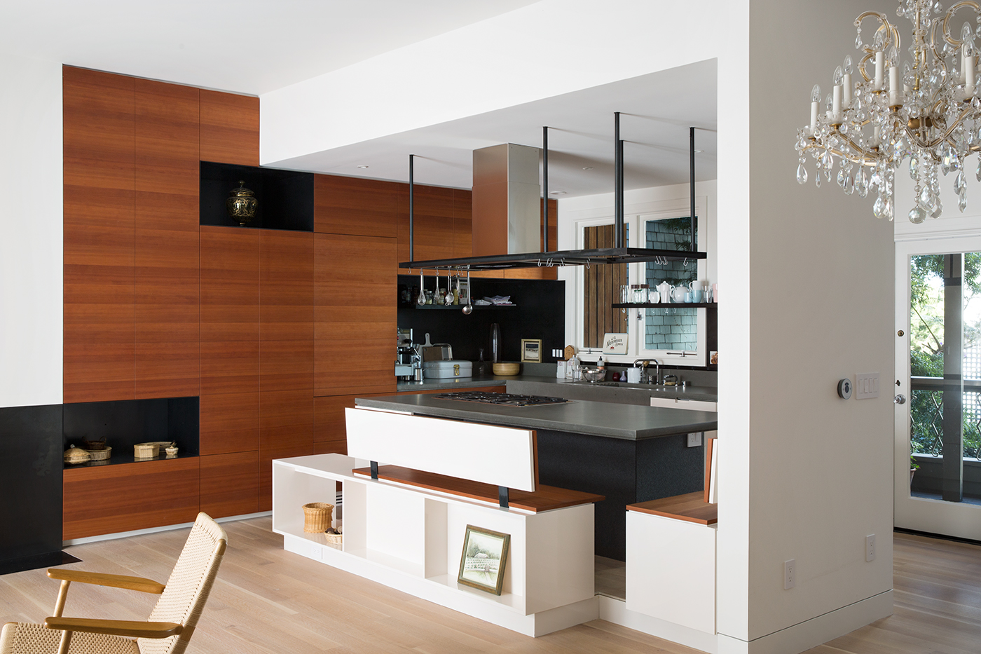 bench brackets, metal clad shelves, pot rack