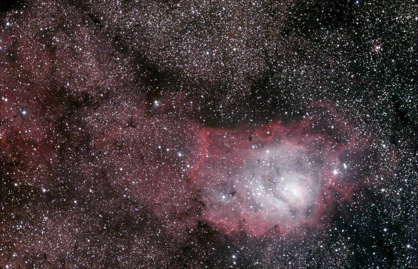 Lagoon Nebula (M8 or NGC6523), 4k-6k light-years distant, 123 one min. exposures (2 hrs. 3 min. total integration), RASA 8, #asi183mcpro, #asiairplus, Taken at the 2023 #oregonstarparty