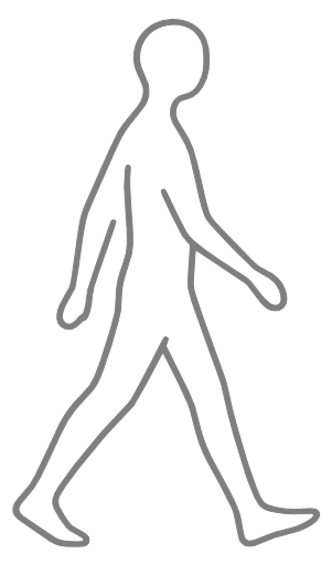 Grijze contourtekening van een wandelende persoon op een zwarte achtergrond, ter illustratie van Alexandertechniek bij het lopen.