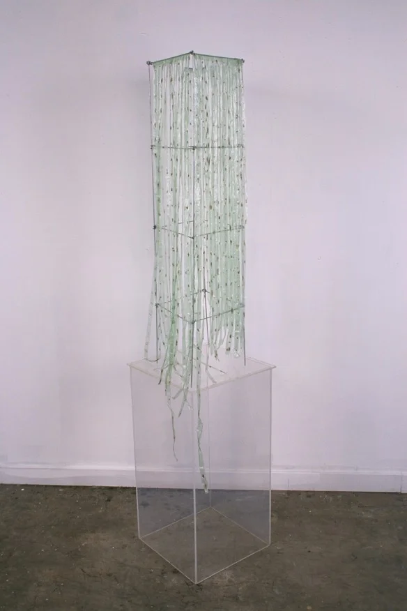 "Four Squares" Seed tapes, steel, and plexiglass.&nbsp;44”x20”x20"