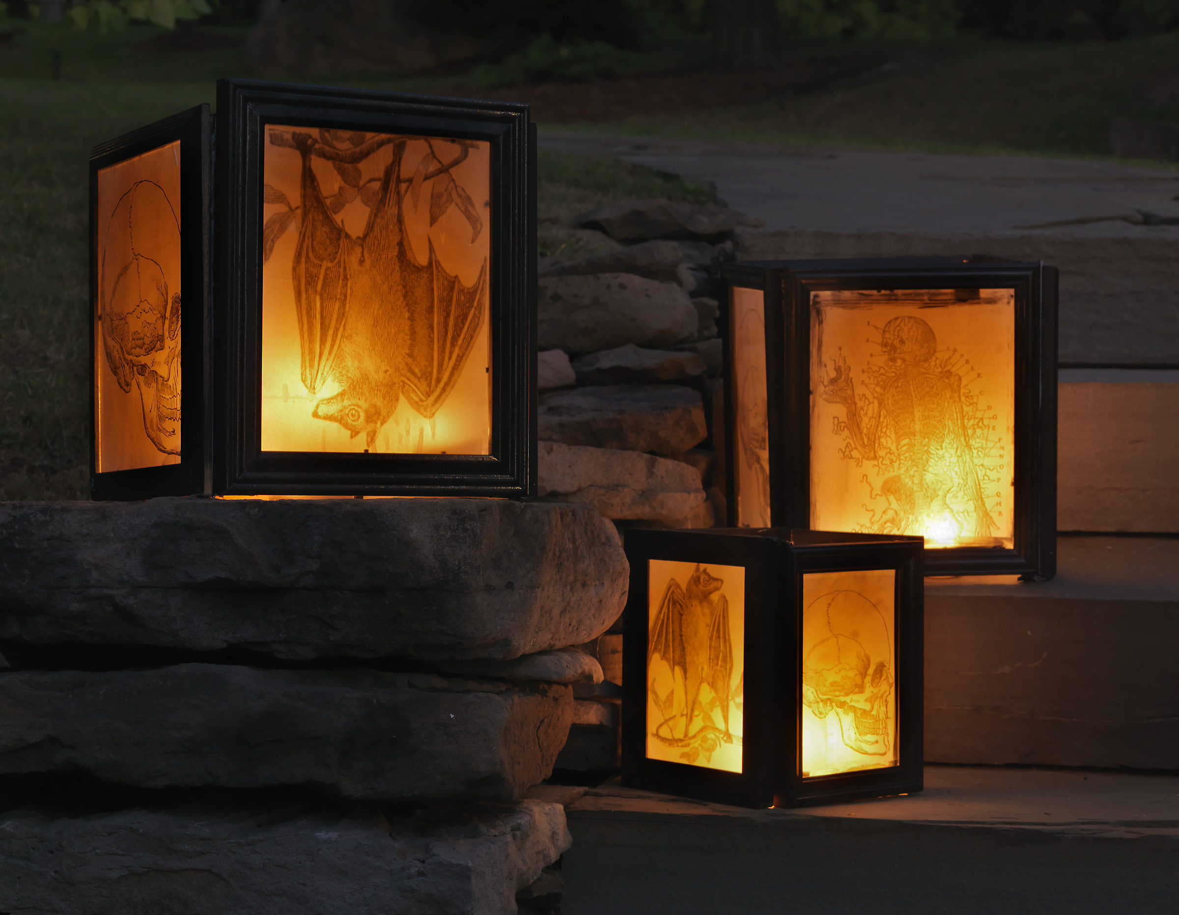 This Halloween Walkway Lantern is one of my very favorite I've done for DIY NETWORK. This was so easy -- some recycled picture frames, printed vintage bats, skulls and more, and some duck tape...you got it...duck tape. See it here...http://www.diynetwork.com/how-to/make-and-decorate/decorating/how-to-make-halloween-lanterns