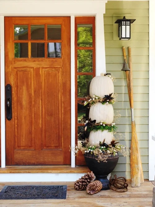 And if creepy is not your thing…how about an elegant pumpkin fall topiary. This front porch decor is perfect for the whole season and Thanksgiving.
