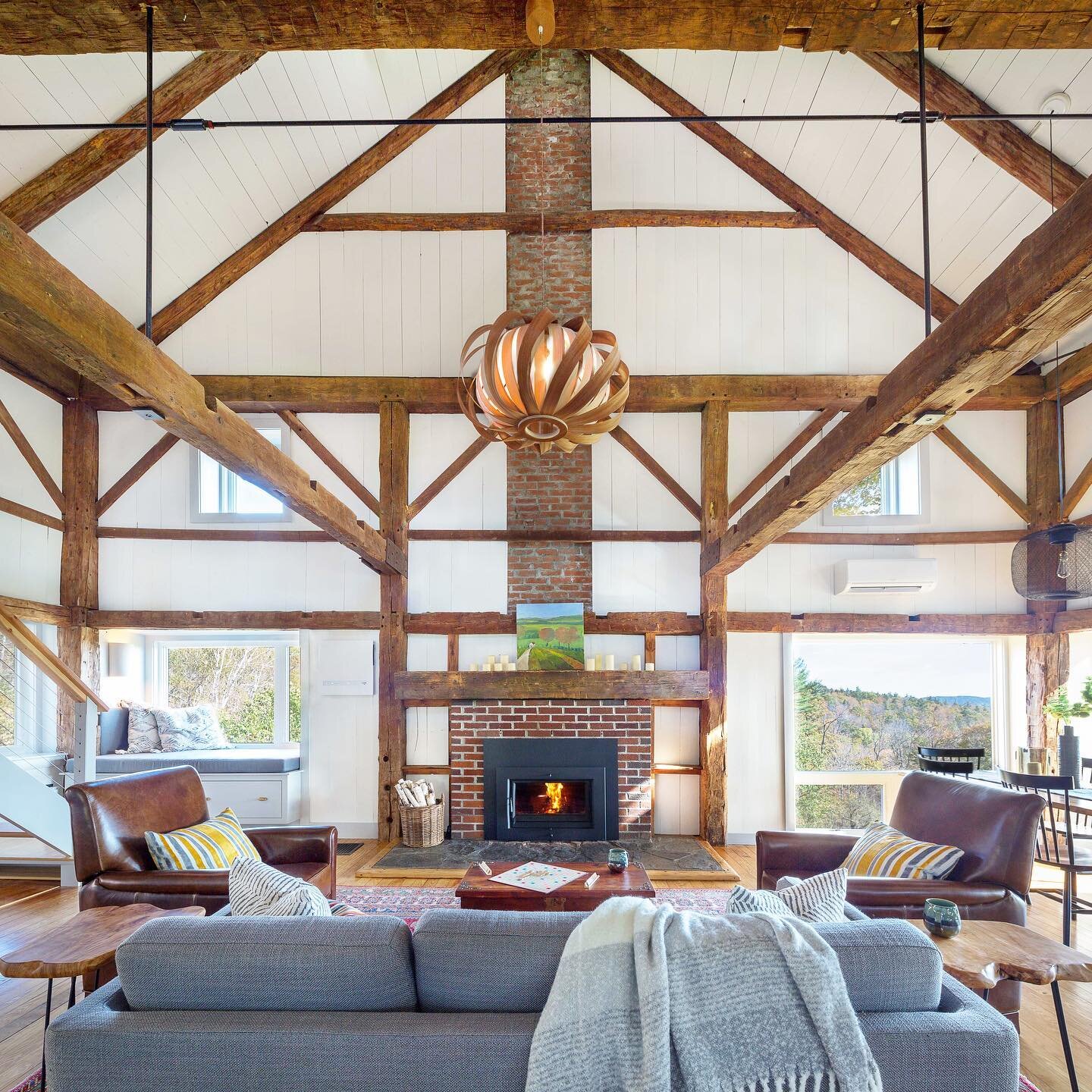 The original post and beam framework &hellip; is the heart and the art of this renovation&hellip; old barn turned vacation home&hellip; #interiordesign #joannepalmisano #postandbeam #vermont #renovation #reclaimedwood  photo by @lindsayselinphotograp