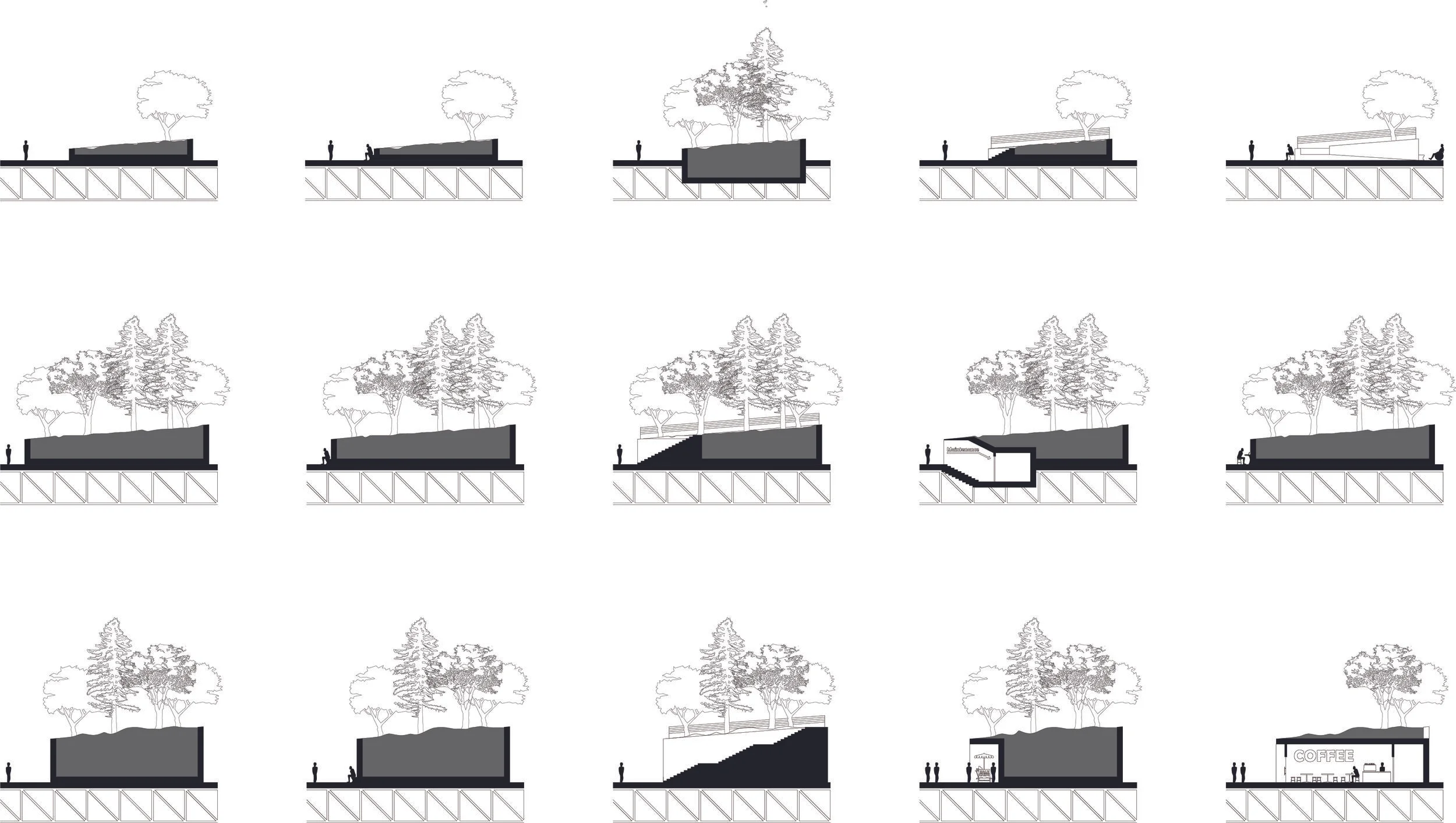 Possible arrangements for planters <2m (top), 2-3m (middle), and 3-5m (bottom)