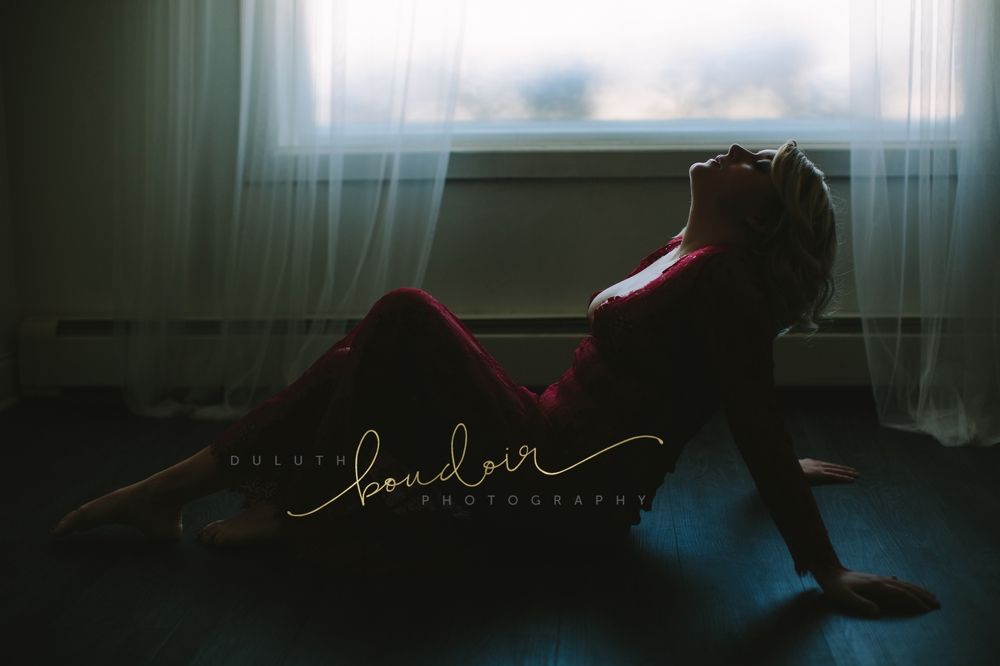 Red lace gown lingerie from Adore Me for boudoir photography session in Duluth, MN
