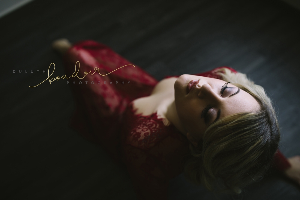 Red lace gown lingerie from Adore Me for boudoir photography session in Duluth, MN