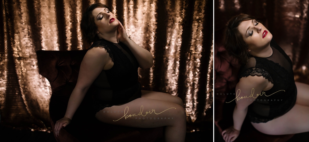 Angie wearing black lingerie with red lips for her boudoir photography session in Duluth, MN