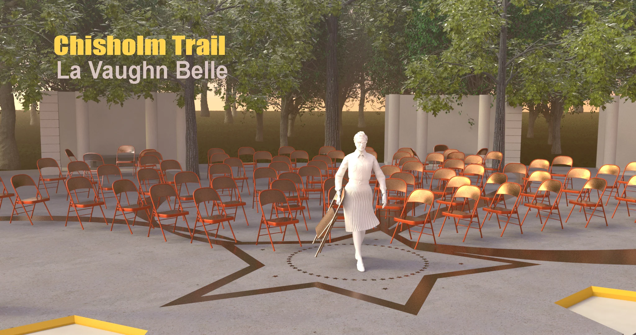 This proposal reinterprets Shirley Chisholm’s famous quote, “If they don’t give you a seat at the table bring a folding chair” and positions it into a larger framework of mobility. This monument invites visitors to not only think about Chisholm’s personal journey from childhood to elderhood, but also the movement of a people and a nation. For what her historic run for the presidency challenges most is our imaginary of what is possible. Wearing a turban and an eagle pin, she steps boldy into a reenvisioned version of the presidential seal. She challenges us to think about how this petite black woman with a Bajan accent marking her immigrant roots, could represent the promise of the United States both literally and symbolically and how her trail -to use her campaign slogan- could “bring U.S. together”.