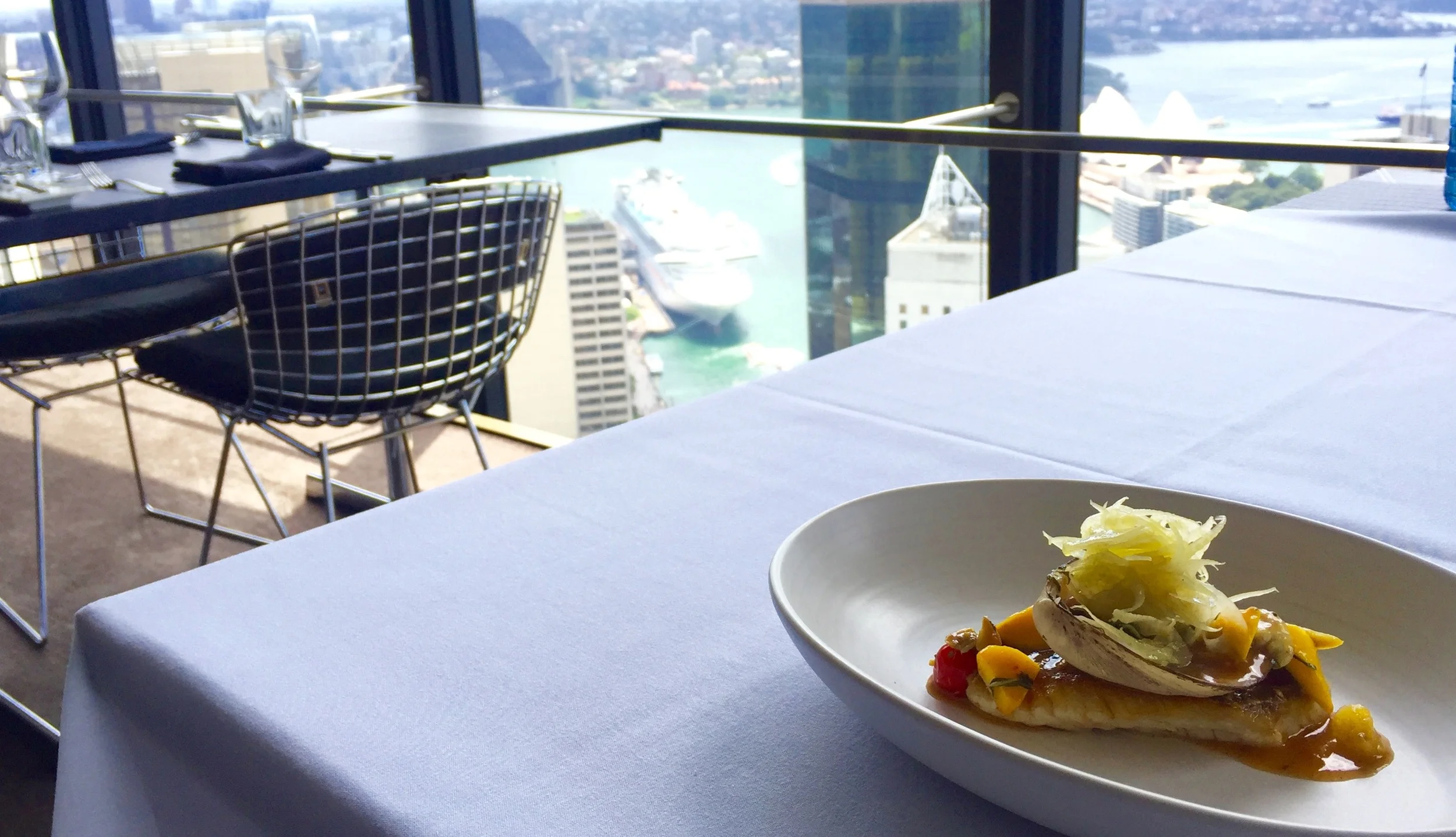 PINK SNAPPER, SMOKED STORM CLAMS, WARM TOMATO ESCHABECHE, SAFFFRON, CHILLI, RED VEIN SORREL WITH THE VIEW.