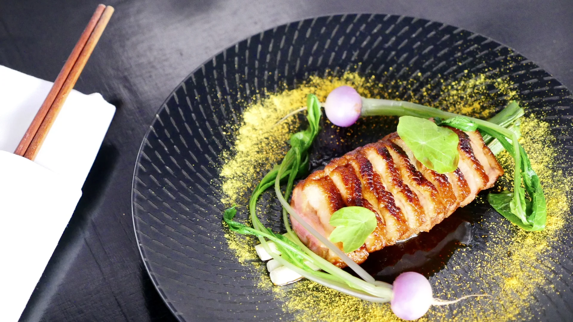 CHARRED DUCK, PENCIL LEEK, NASTURTIUM, BLUSH TURNIP.