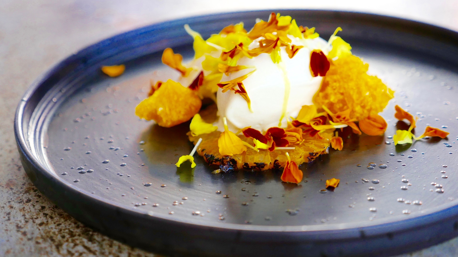 CHARGRILLED MANDARIN CARPACCIO, MARIGOLD ICE CREAM, PINK GRAPEFRUIT SILK