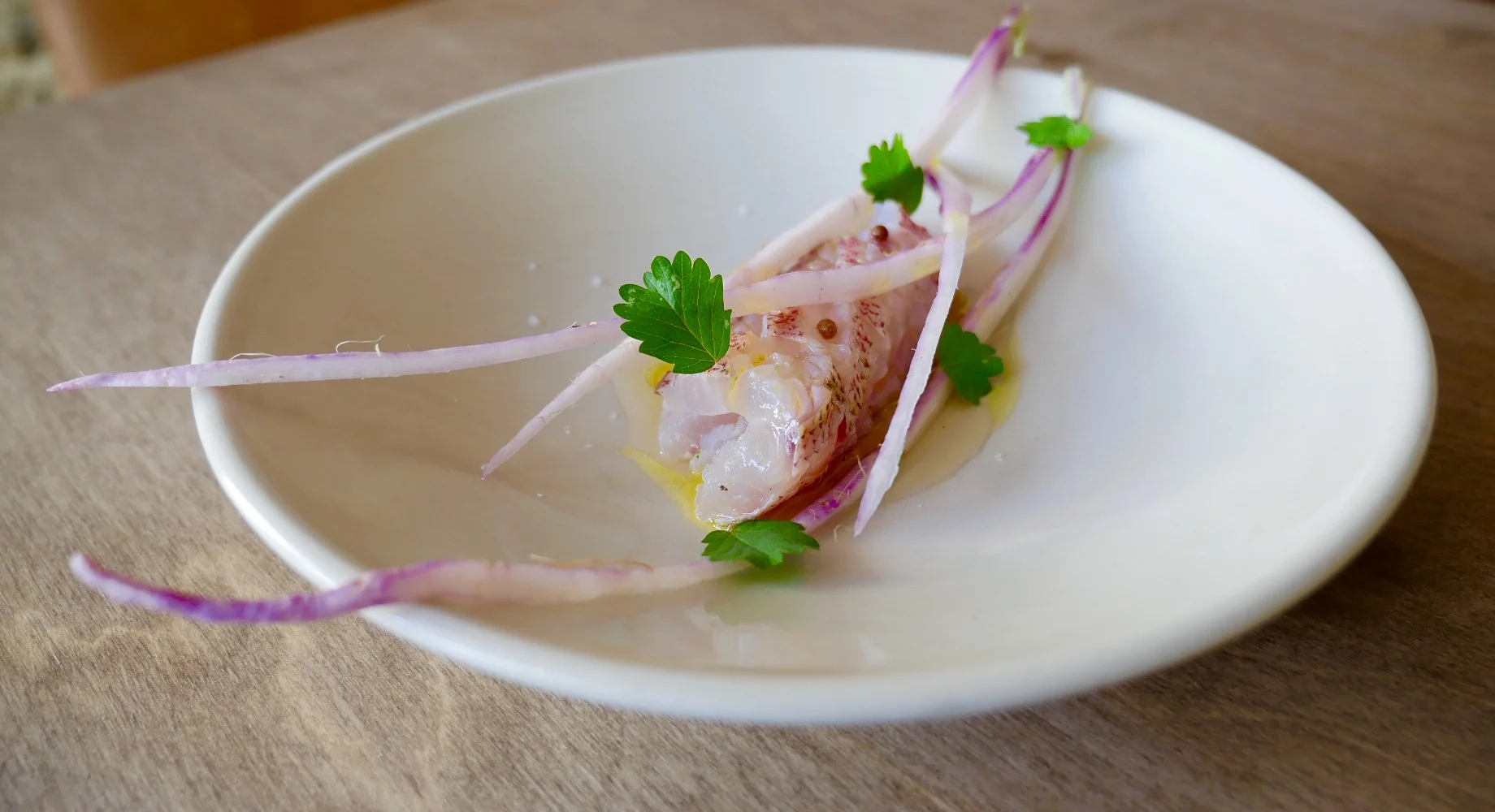 RAW SHARK BAY HUSSAR, LONG TURNIPS, BURNETTE, CUCUMBER VINEGAR