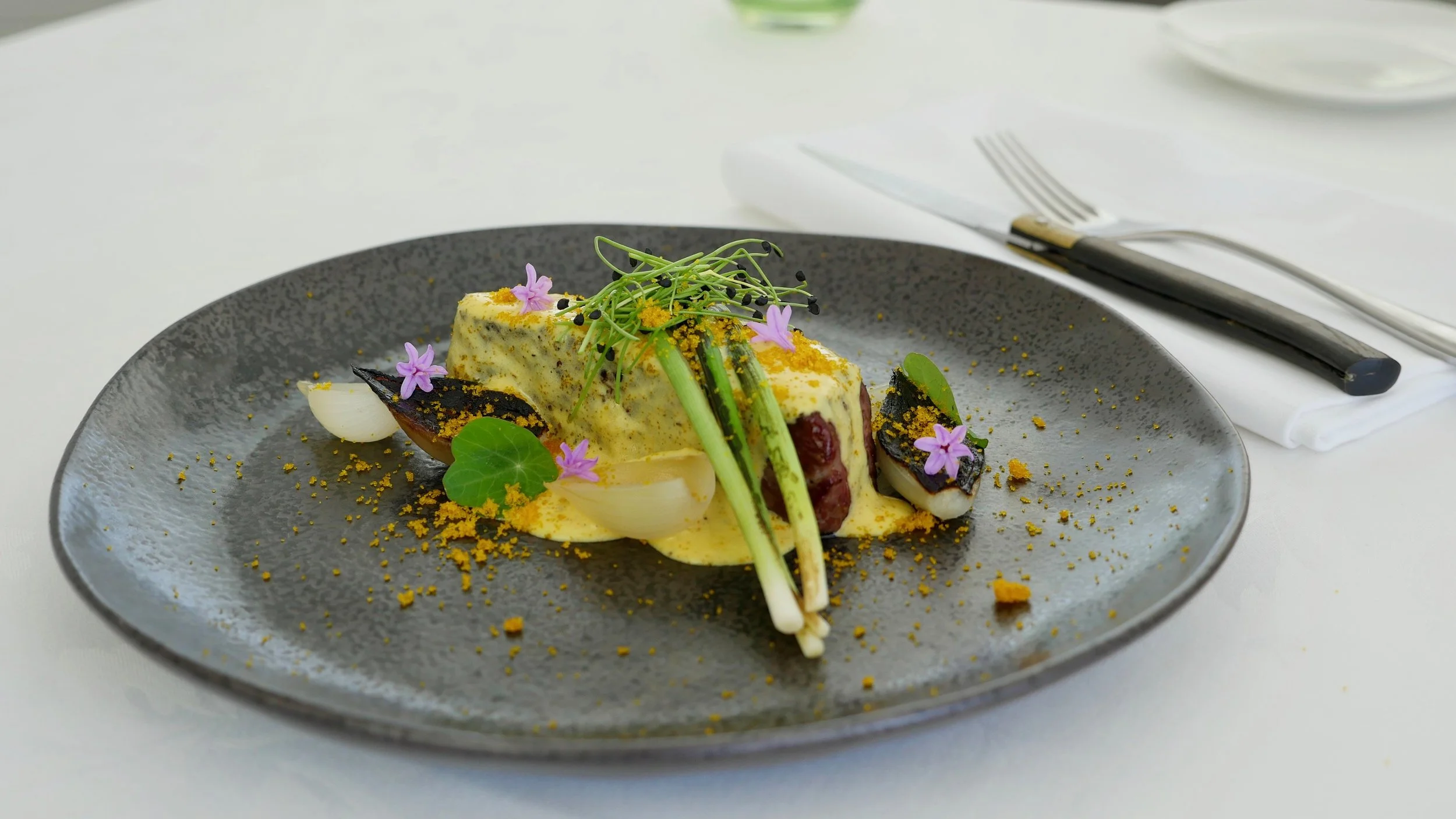 RANGERS VALLEY TRI TIP, SAFFRON & BOTTARGA EMULSION, ALLIUMS