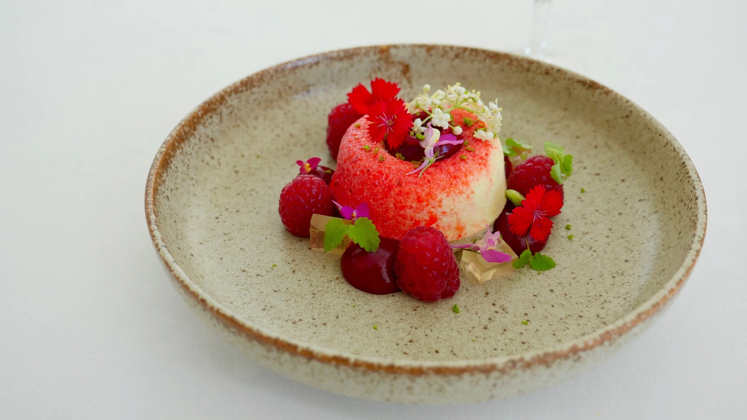 COCONUT & WHITE CHOCOLATE SEMIFREDDO, RASPBERRIES, ELDERFLOWER JELLY, KAFFIR LIME