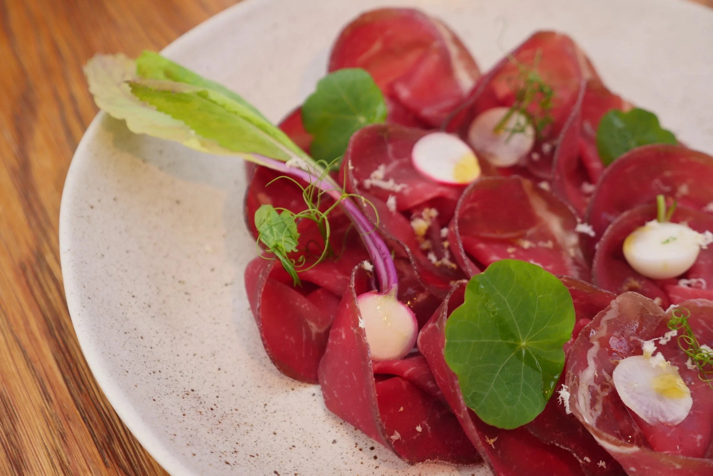 HOUSE SMOKED WAGYU BRESAOLA, FERMENTED TURNIPS, HORSERADISH