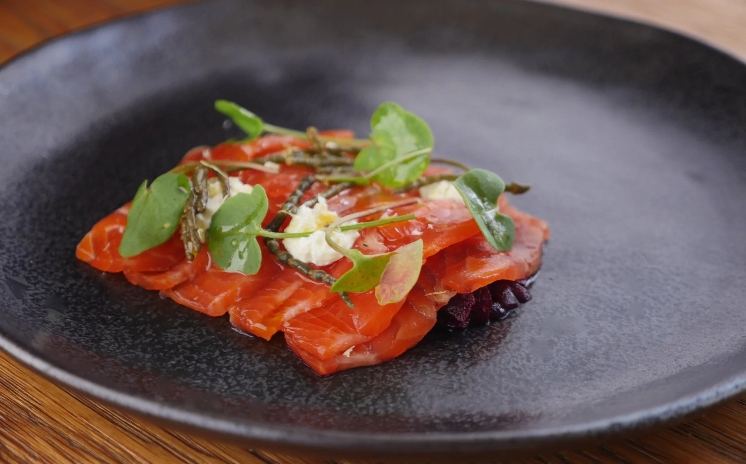 CURED OCEAN TROUT, FERMENTED BEETS, CHIVE CREAM, SAMPHIRE, WOODLAND SORREL