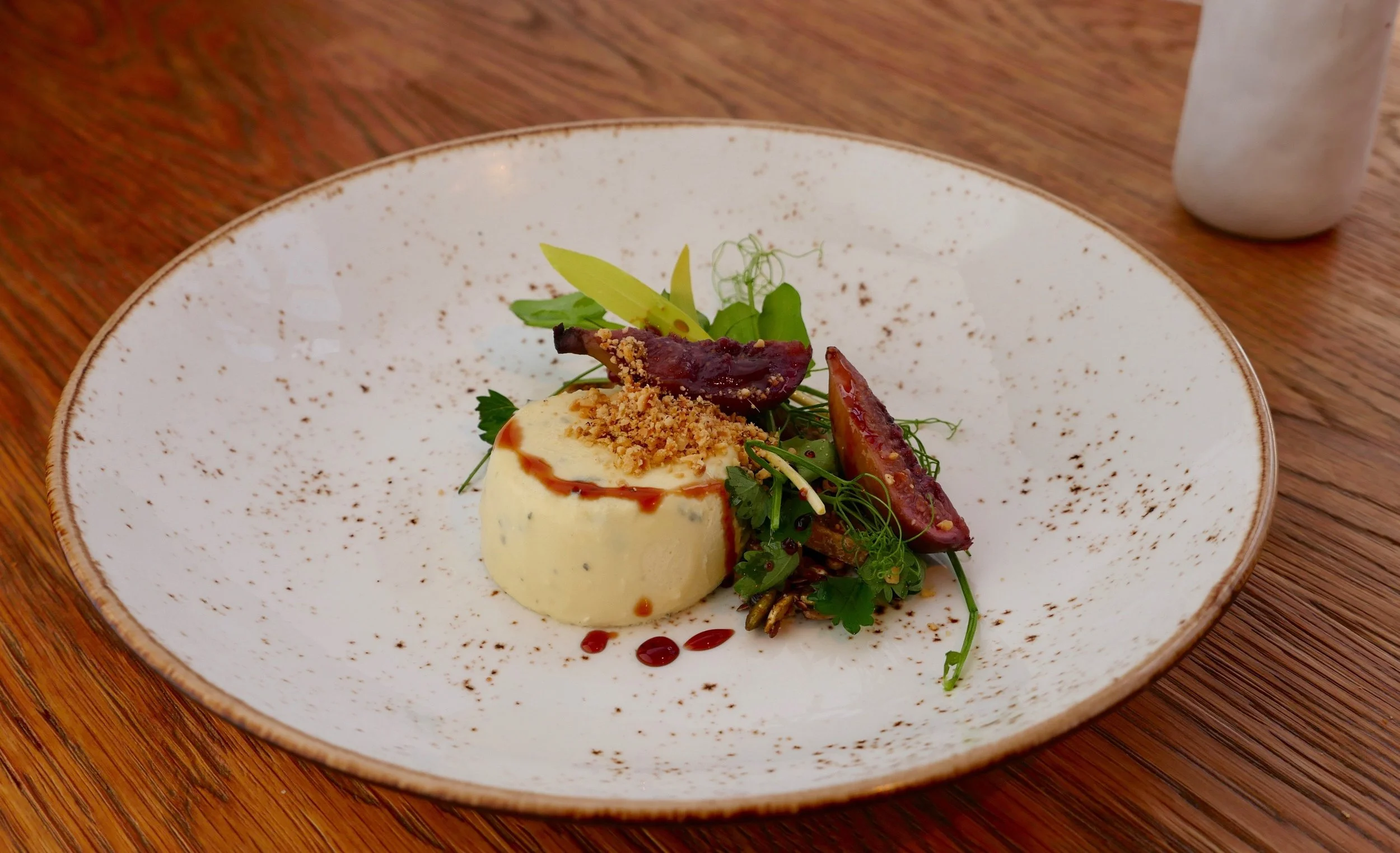 BLUE CHEESE PANNA COTTA, PRESERVED FIG, DUKKAH, VIN COTTO