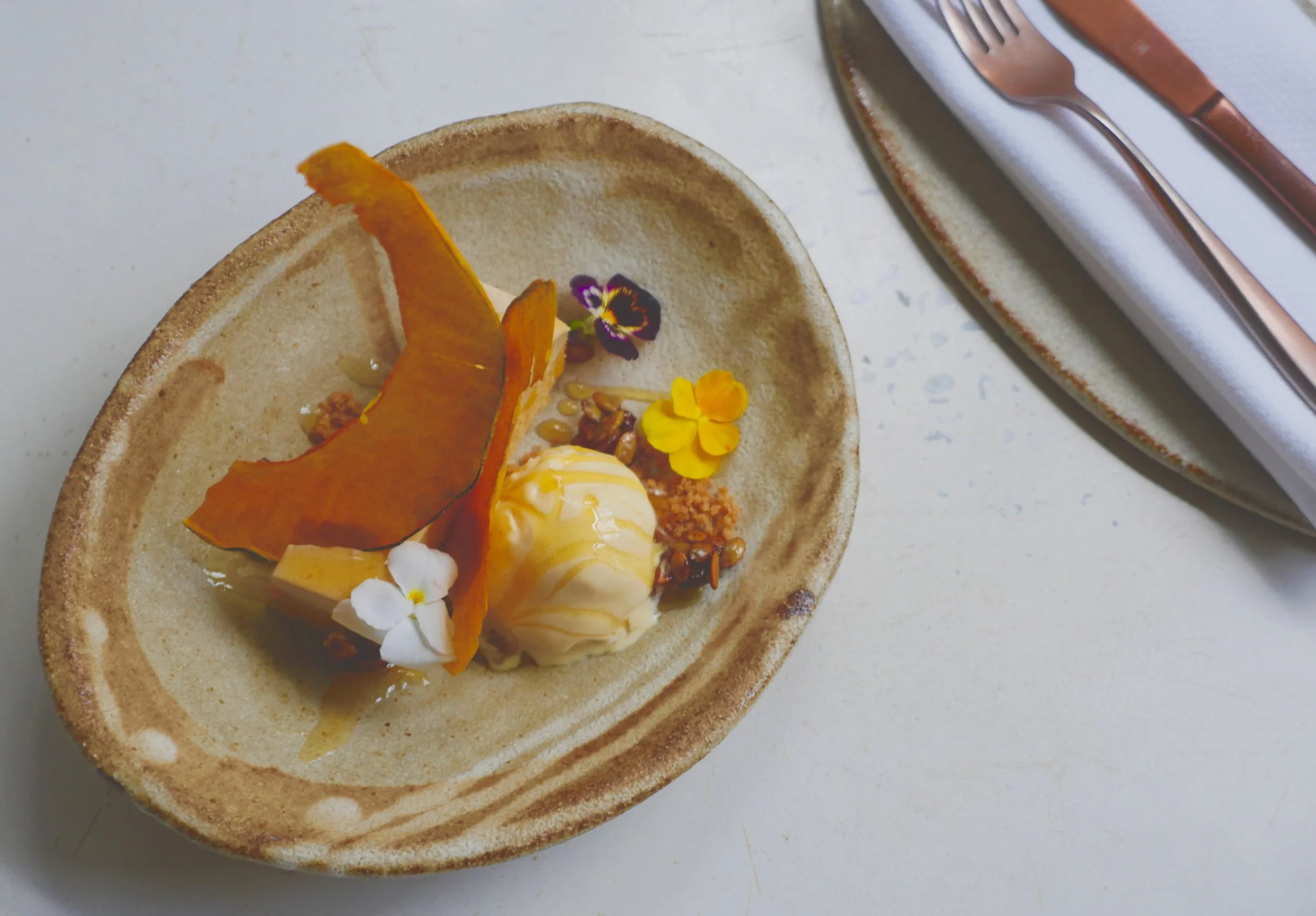 SPICED PUMPKIN, HALVA ICE CREAM, HONEY PEPITAS.