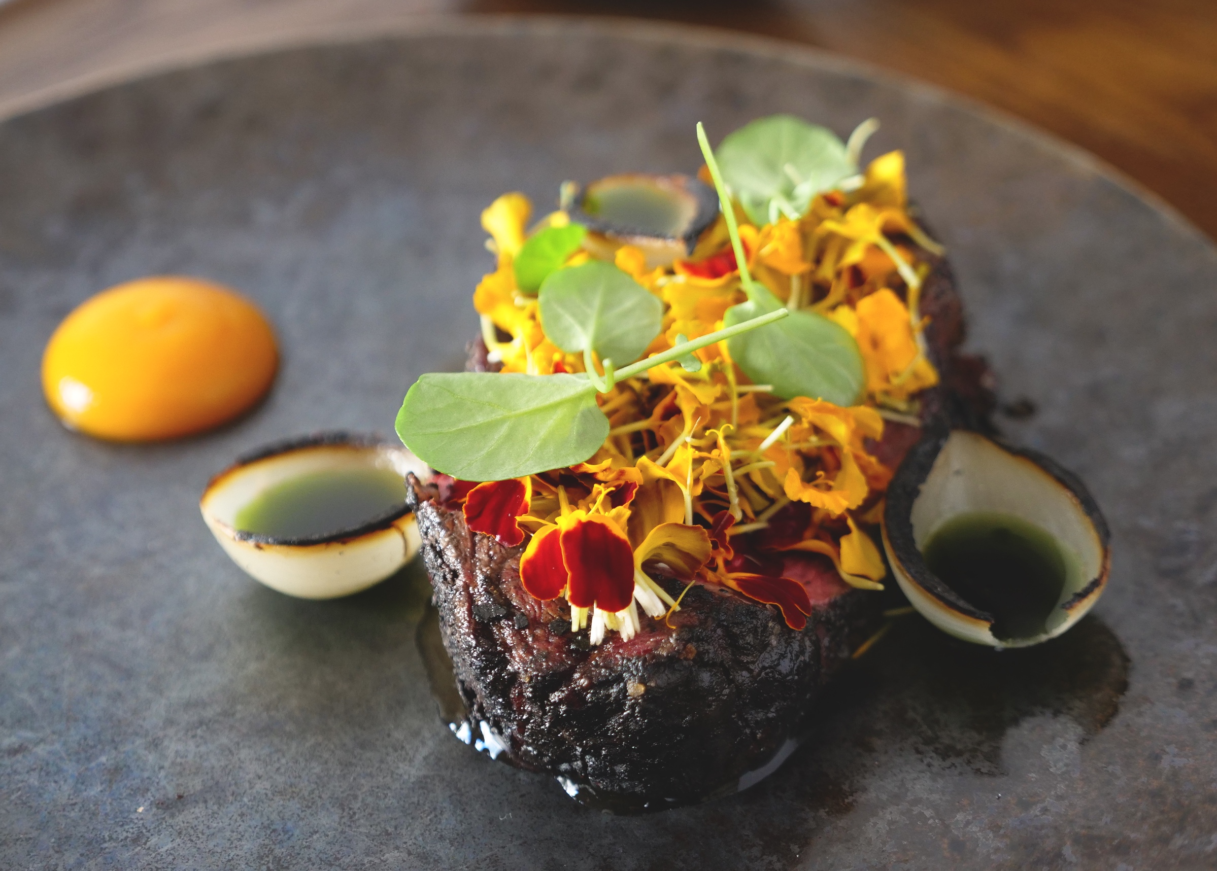 DRY AGED BEEF, MUSHROOM, MARIGOLD, MEOUK & ROAST PUMPKIN PUREE.